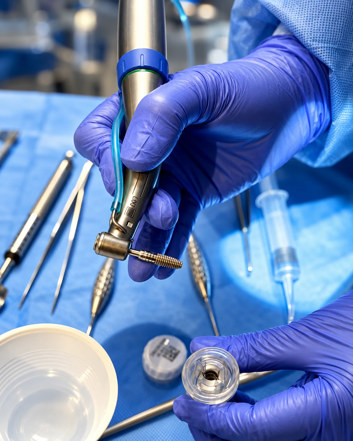 Gloved clinical hands holding a dental implant handpiece with an implant fixture over a blue sterile surgical field